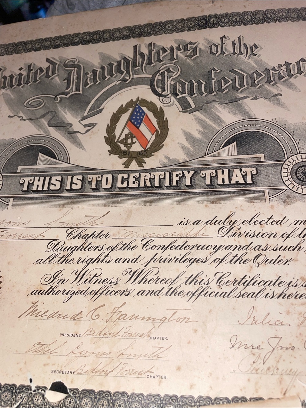Daughters of the Confederacy Certificate with Red, Blue, Gold Emblem